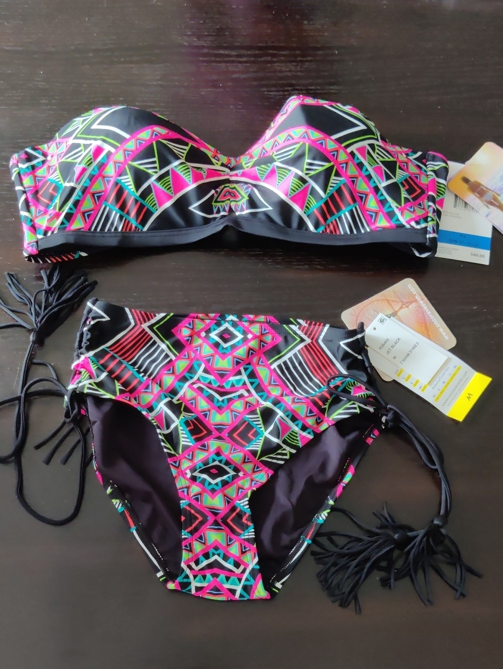 Coco Rave Neon Tribal Bandeau Bikini Set - Black, Pink & Green